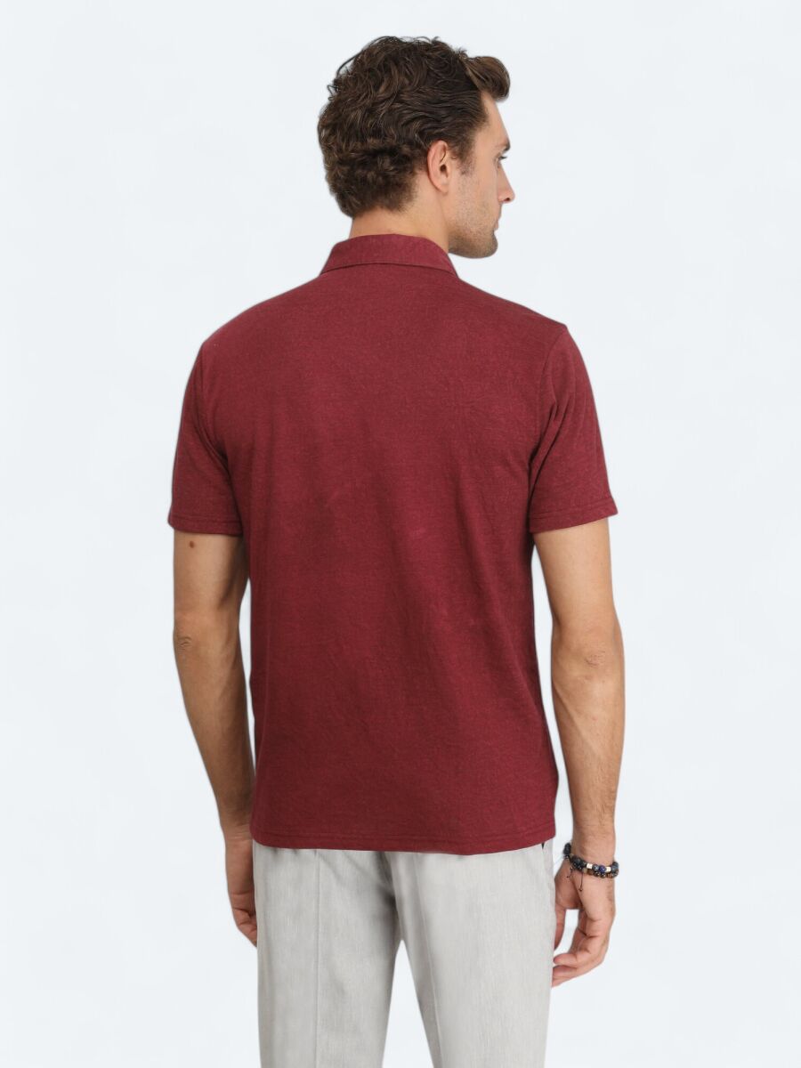 Damson Color Plain Polo Neck Cotton Blended T-Shirt - 5
