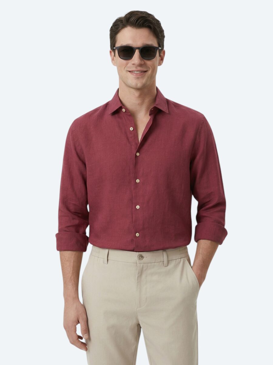 Damson Color Plain Regular Fit Long Weaving Casual Cotton Blended Shirt - 1