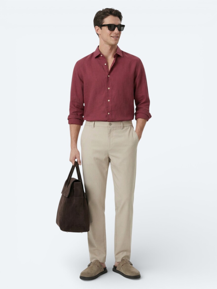 Damson Color Plain Regular Fit Long Weaving Casual Cotton Blended Shirt - 2