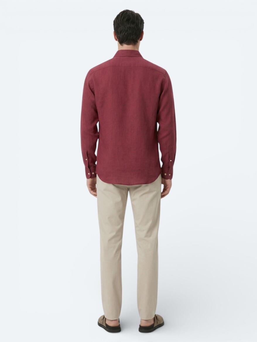 Damson Color Plain Regular Fit Long Weaving Casual Cotton Blended Shirt - 5