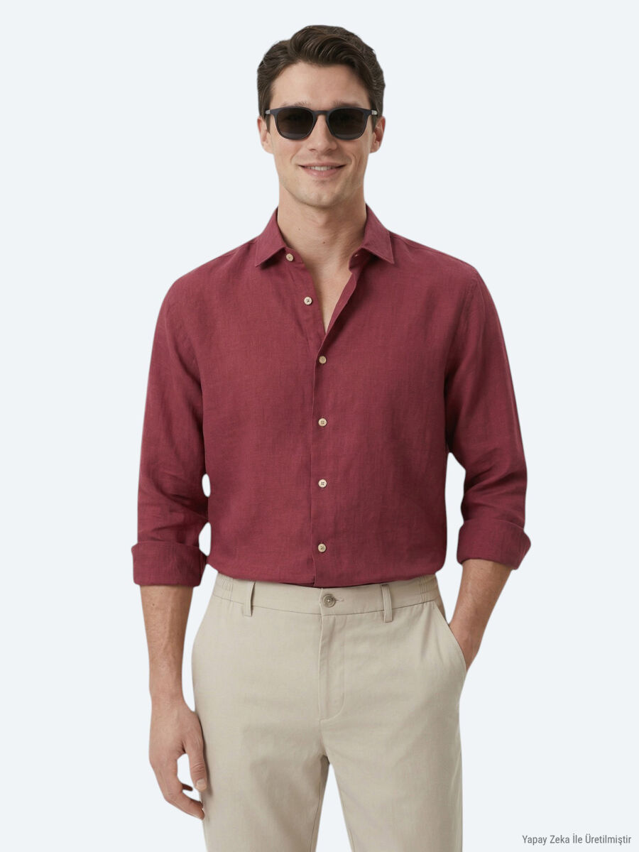 Damson Color Plain Regular Fit Long Weaving Casual Cotton Blended Shirt - 1