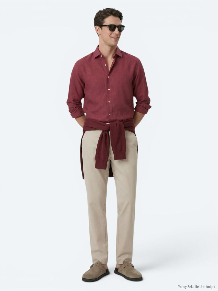 Damson Color Plain Regular Fit Long Weaving Casual Cotton Blended Shirt - 4