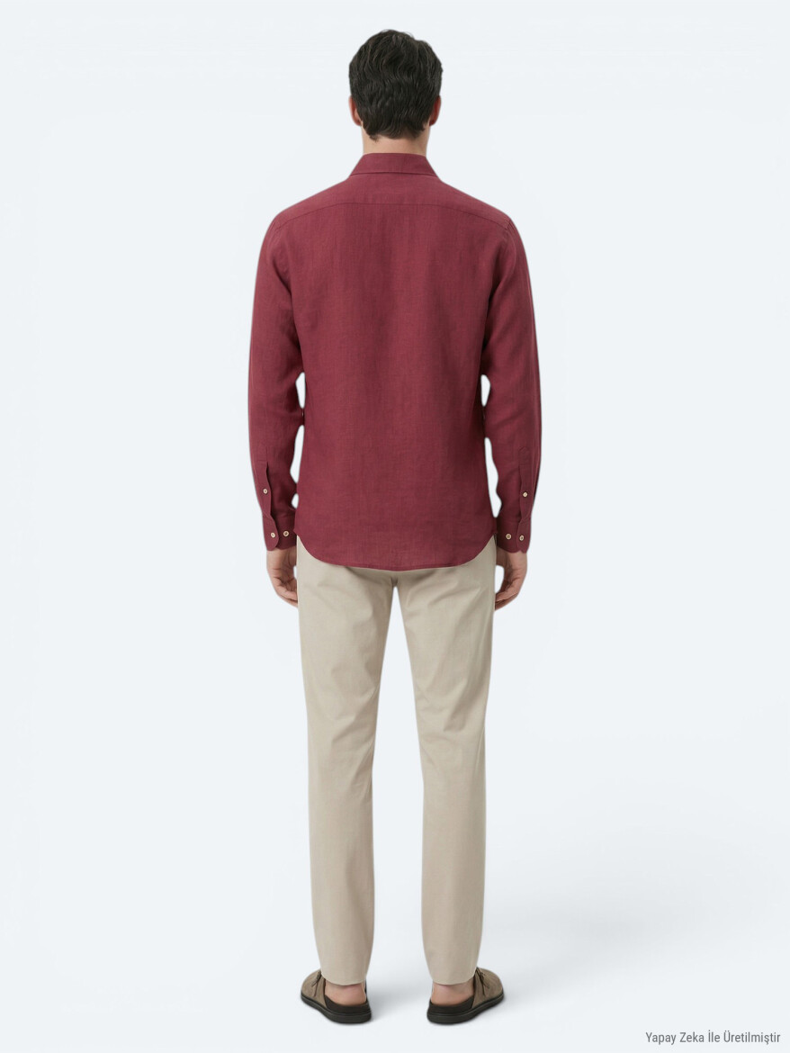 Damson Color Plain Regular Fit Long Weaving Casual Cotton Blended Shirt - 5