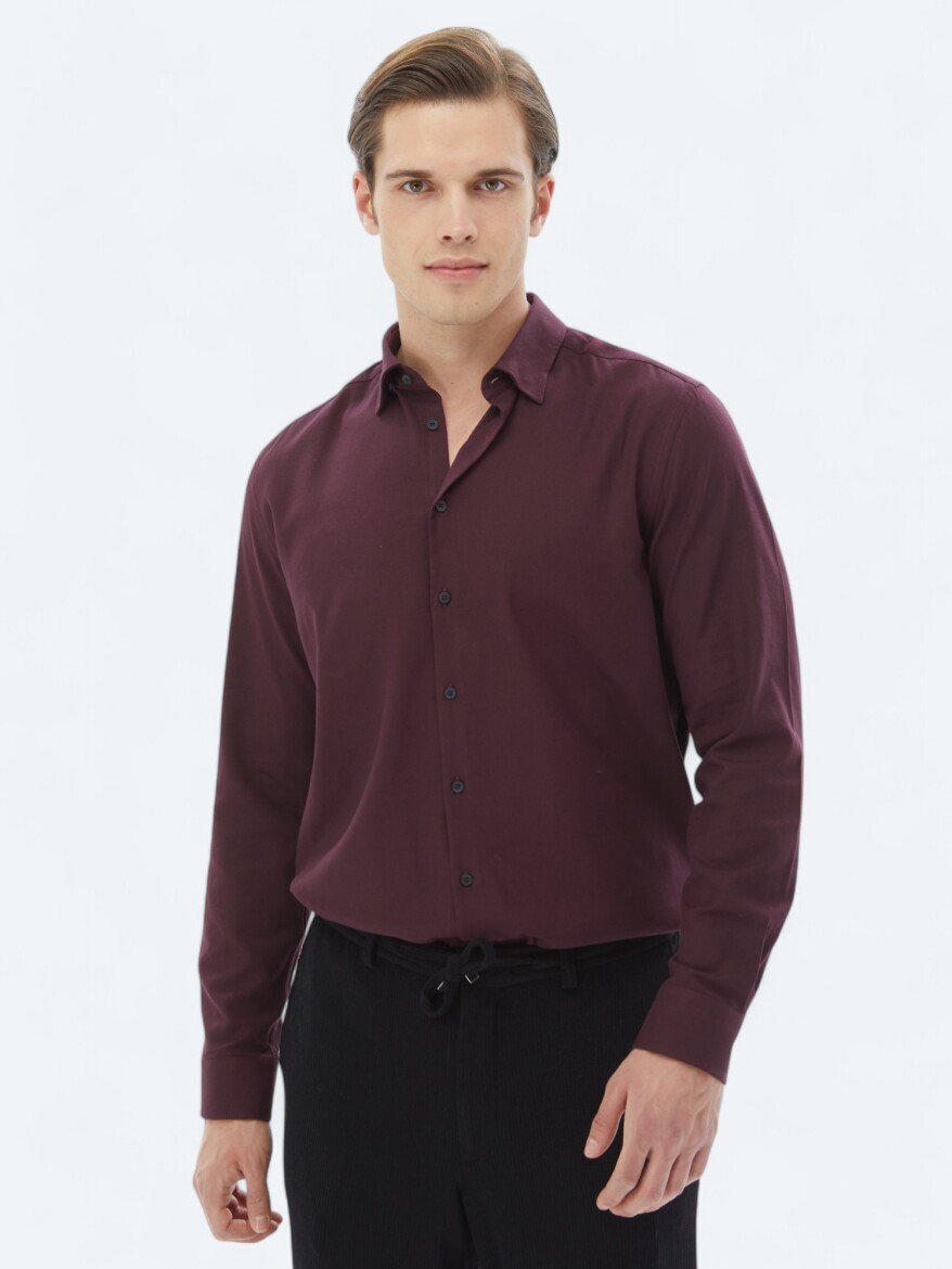 Damson Color Plain Regular Fit Long Weaving Casual Cotton Blended Shirt - 1
