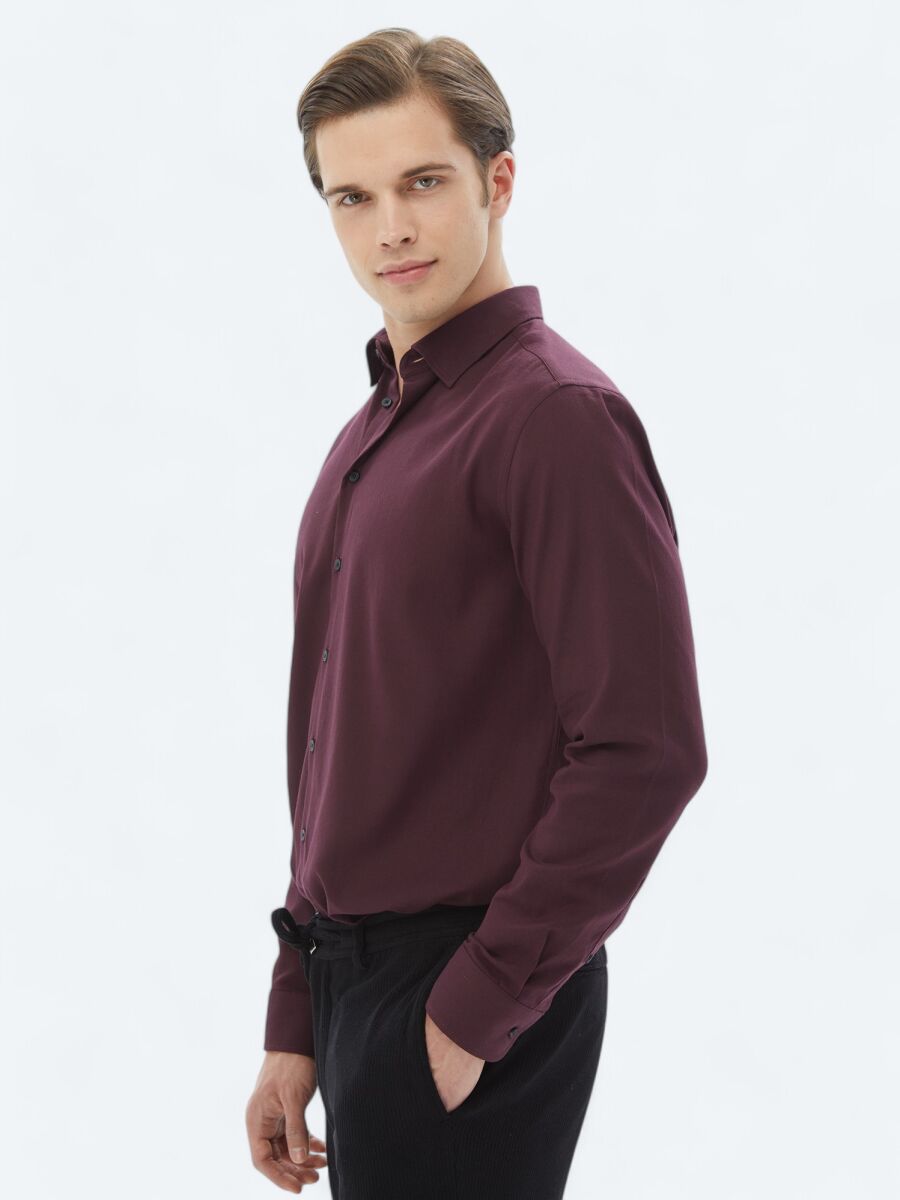 Damson Color Plain Regular Fit Long Weaving Casual Cotton Blended Shirt - 4