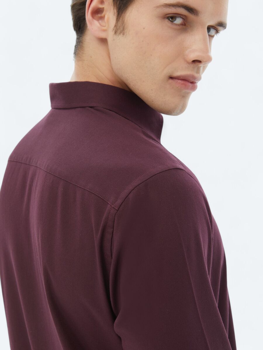 Damson Color Plain Regular Fit Long Weaving Casual Cotton Blended Shirt - 5