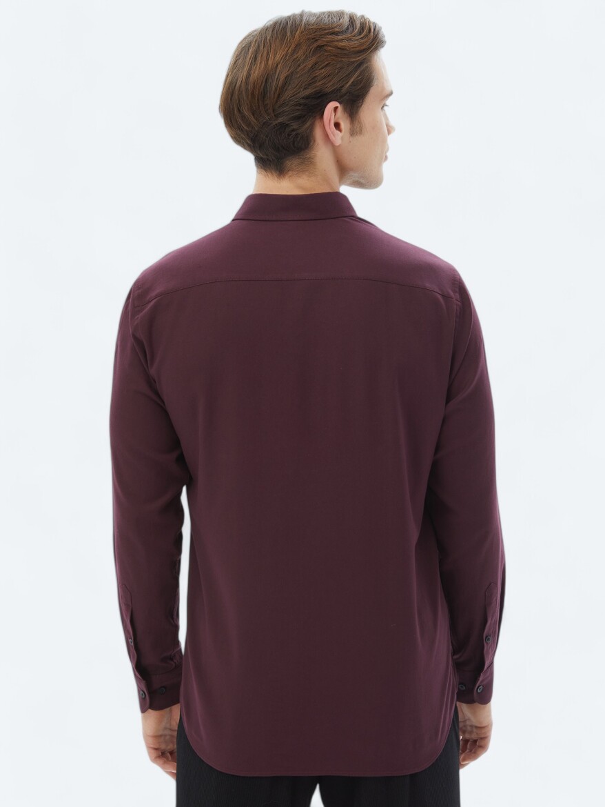 Damson Color Plain Regular Fit Long Weaving Casual Cotton Blended Shirt - 6