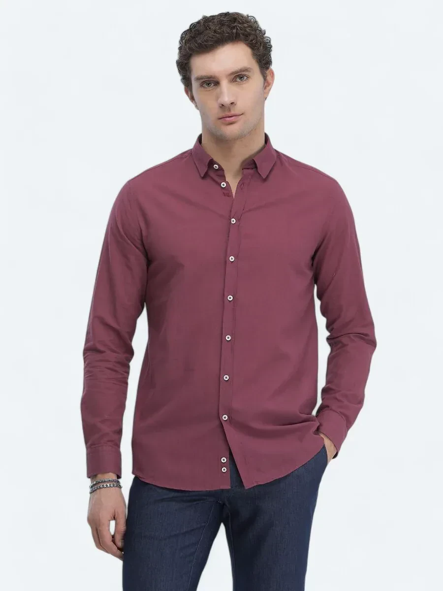 Damson Color Plain Regular Fit Weaving Casual 100% Cotton Shirt - 1