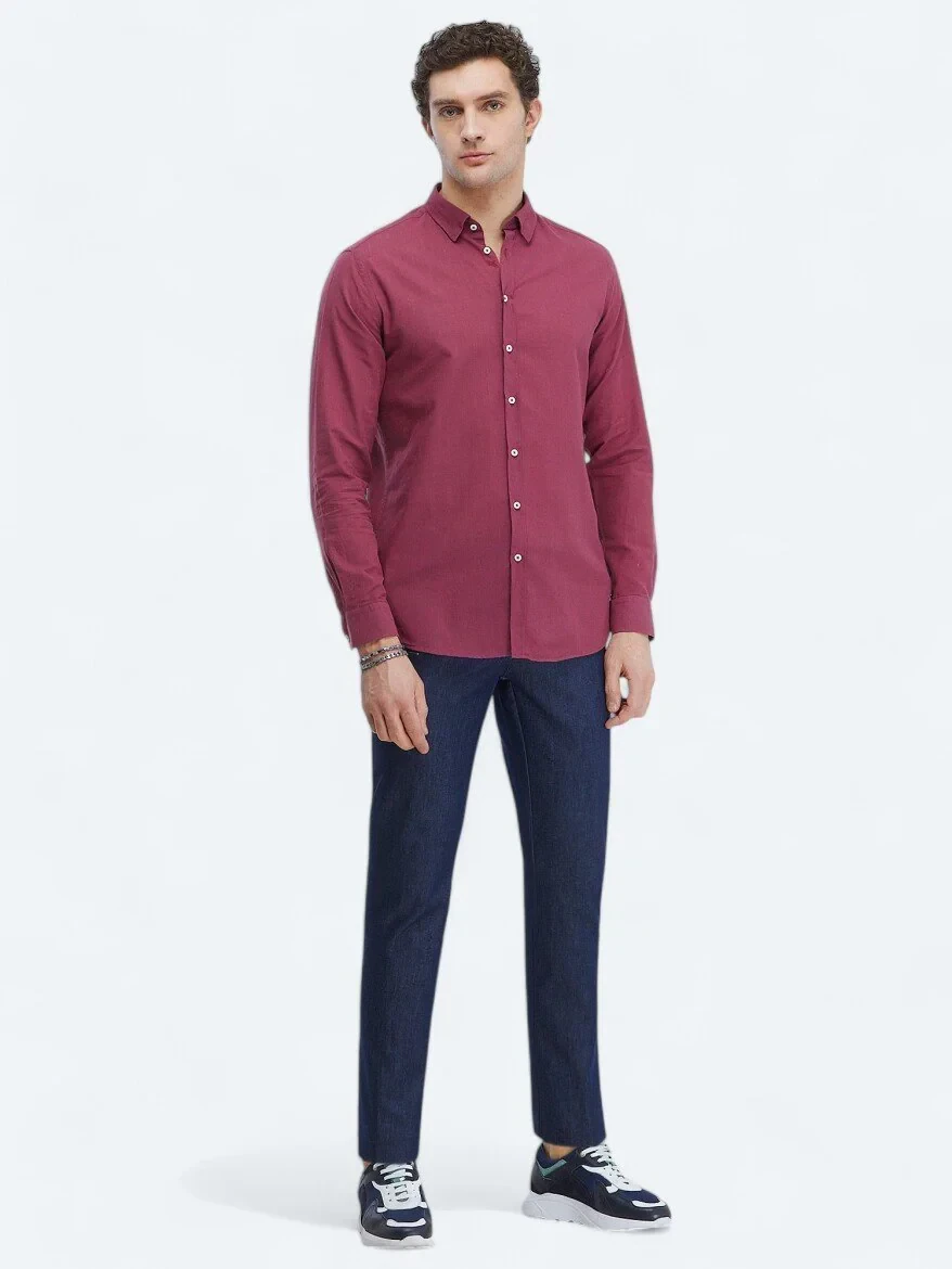 Damson Color Plain Regular Fit Weaving Casual 100% Cotton Shirt - 2