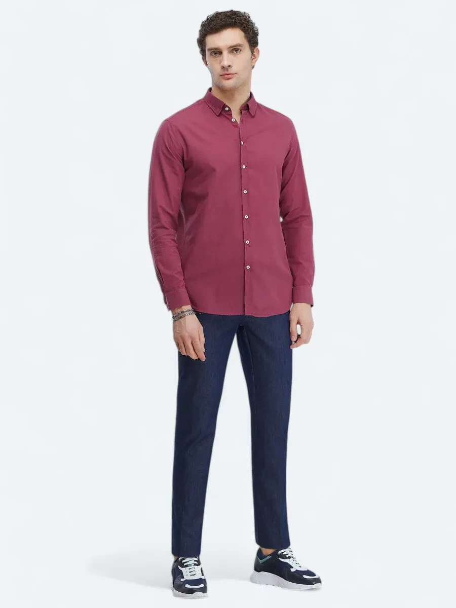 Damson Color Plain Regular Fit Weaving Casual 100% Cotton Shirt - 2