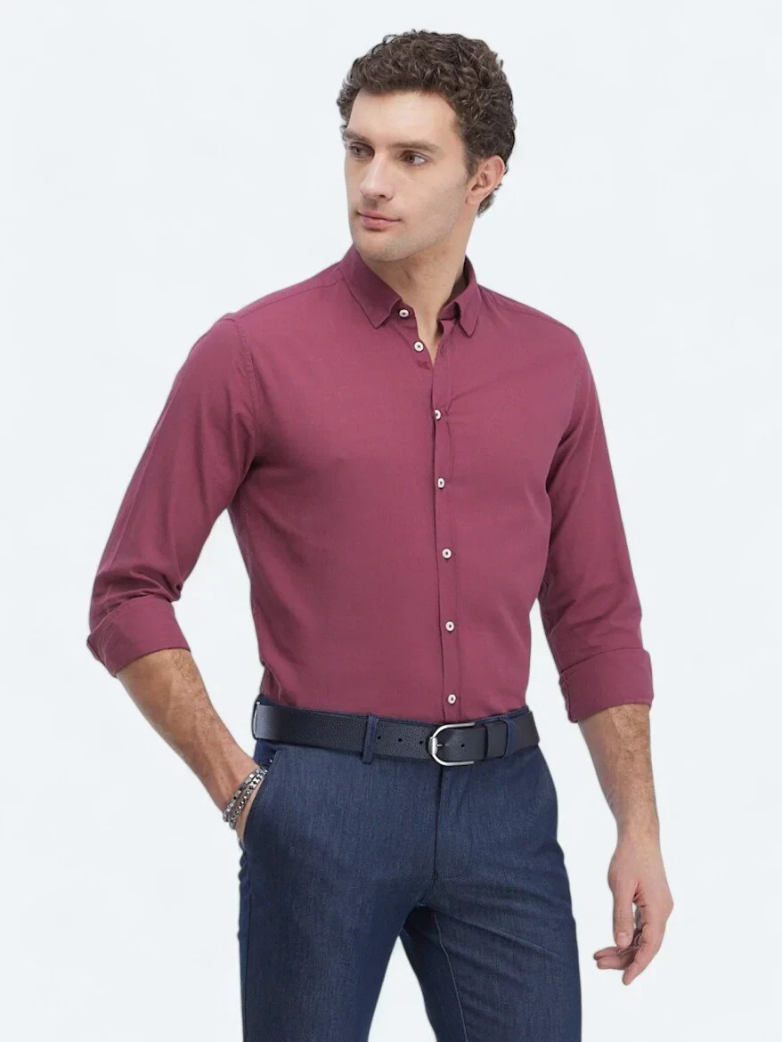 Damson Color Plain Regular Fit Weaving Casual 100% Cotton Shirt - 3