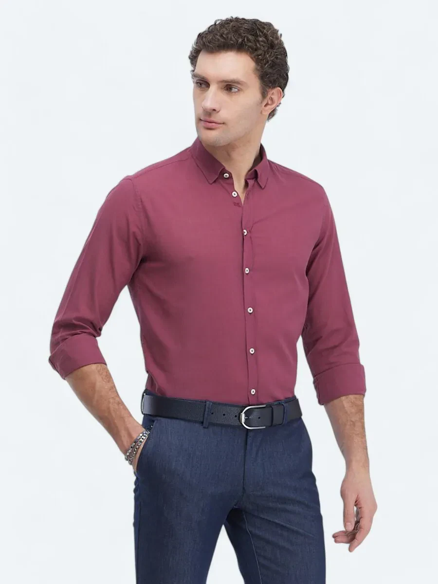 Damson Color Plain Regular Fit Weaving Casual 100% Cotton Shirt - 3