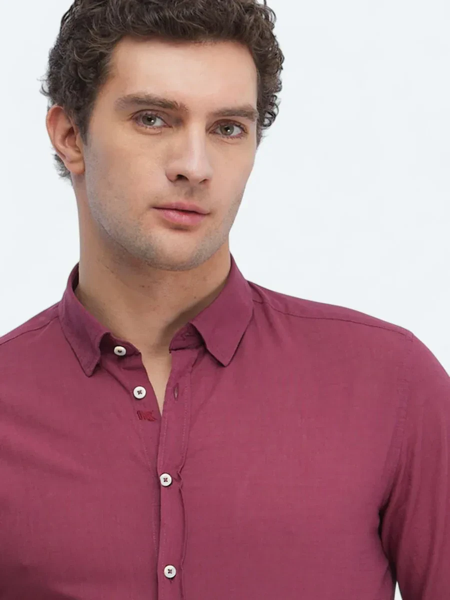 Damson Color Plain Regular Fit Weaving Casual 100% Cotton Shirt - 4