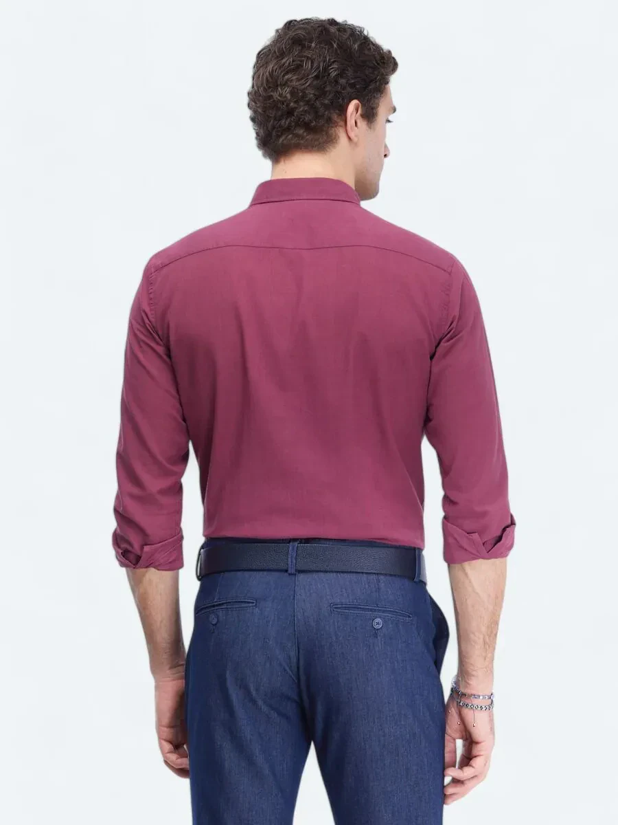 Damson Color Plain Regular Fit Weaving Casual 100% Cotton Shirt - 5