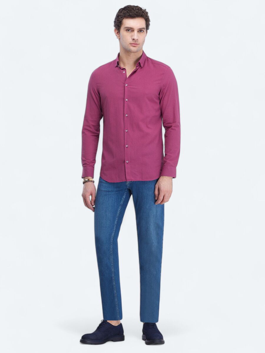 Damson Color Plain Regular Fit Weaving Casual 100% Cotton Shirt - 2