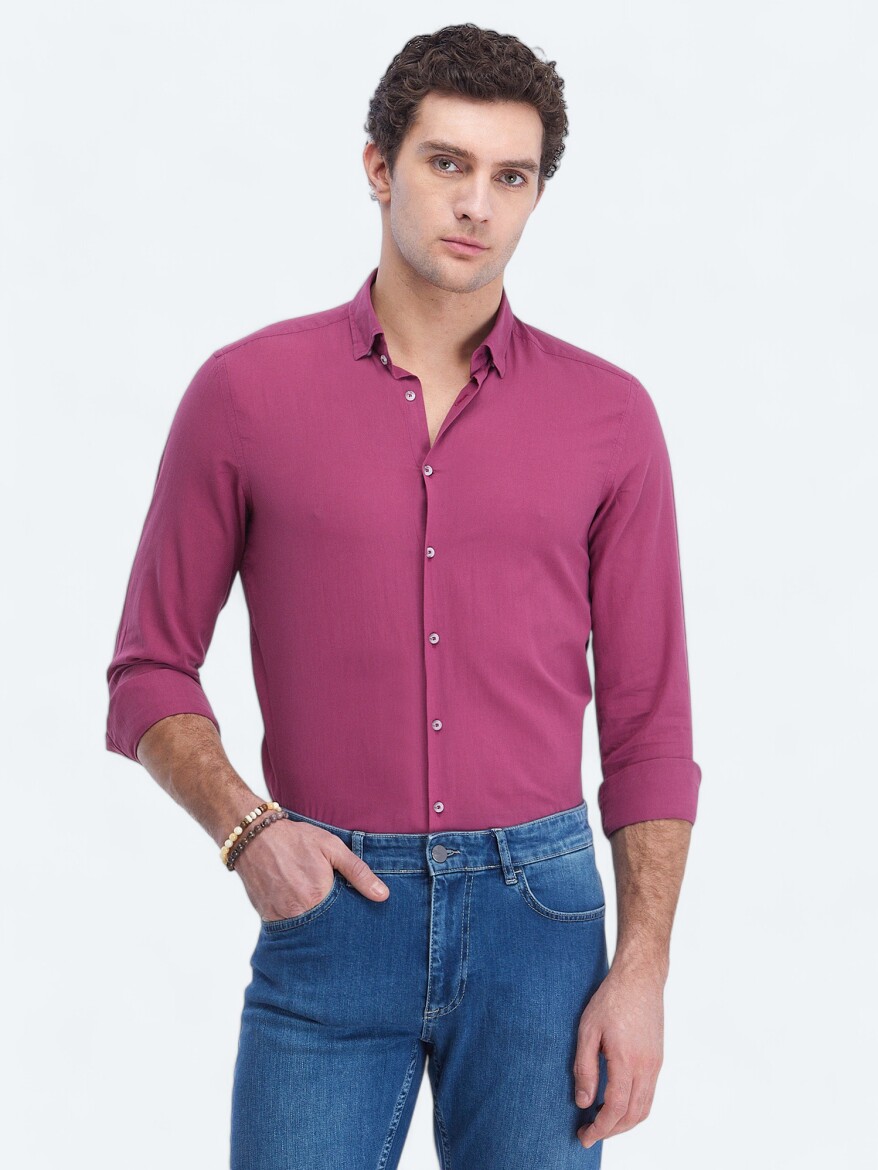 Damson Color Plain Regular Fit Weaving Casual 100% Cotton Shirt - 3