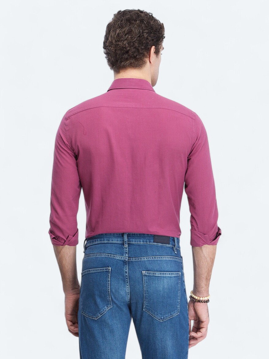 Damson Color Plain Regular Fit Weaving Casual 100% Cotton Shirt - 5