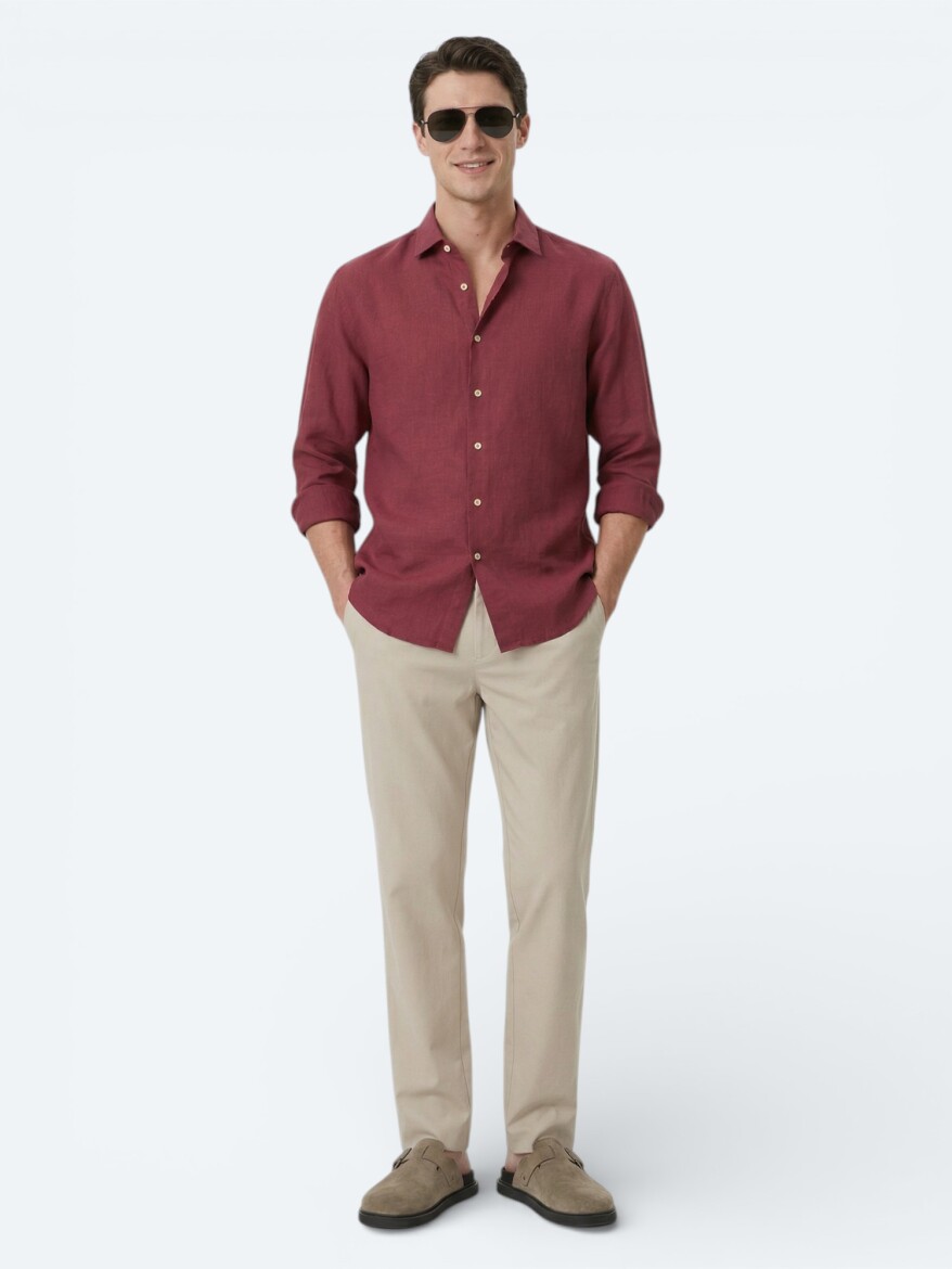 Damson Color Plain Regular Fit Weaving Casual Cotton Blended Shirt - 3