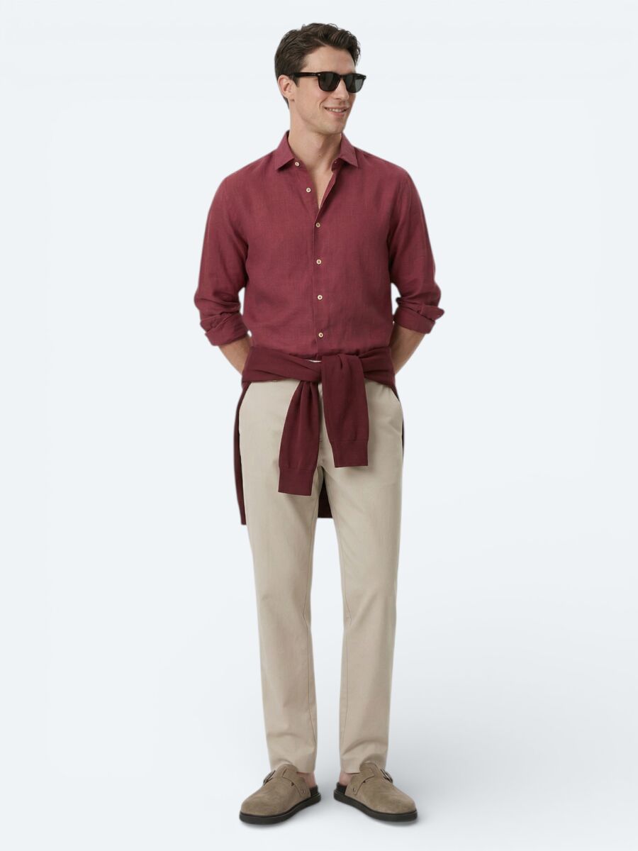 Damson Color Plain Regular Fit Weaving Casual Cotton Blended Shirt - 4