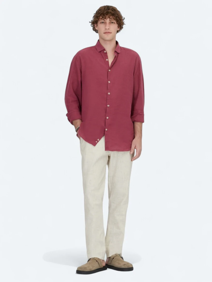 Damson Color Plain Regular Fit Weaving Casual Cotton Blended Shirt - 2