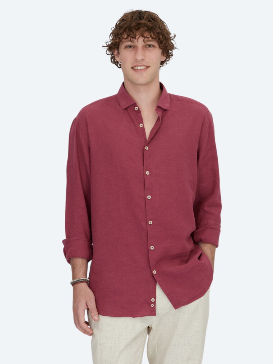 Damson Color Plain Regular Fit Weaving Casual Cotton Blended Shirt - 1