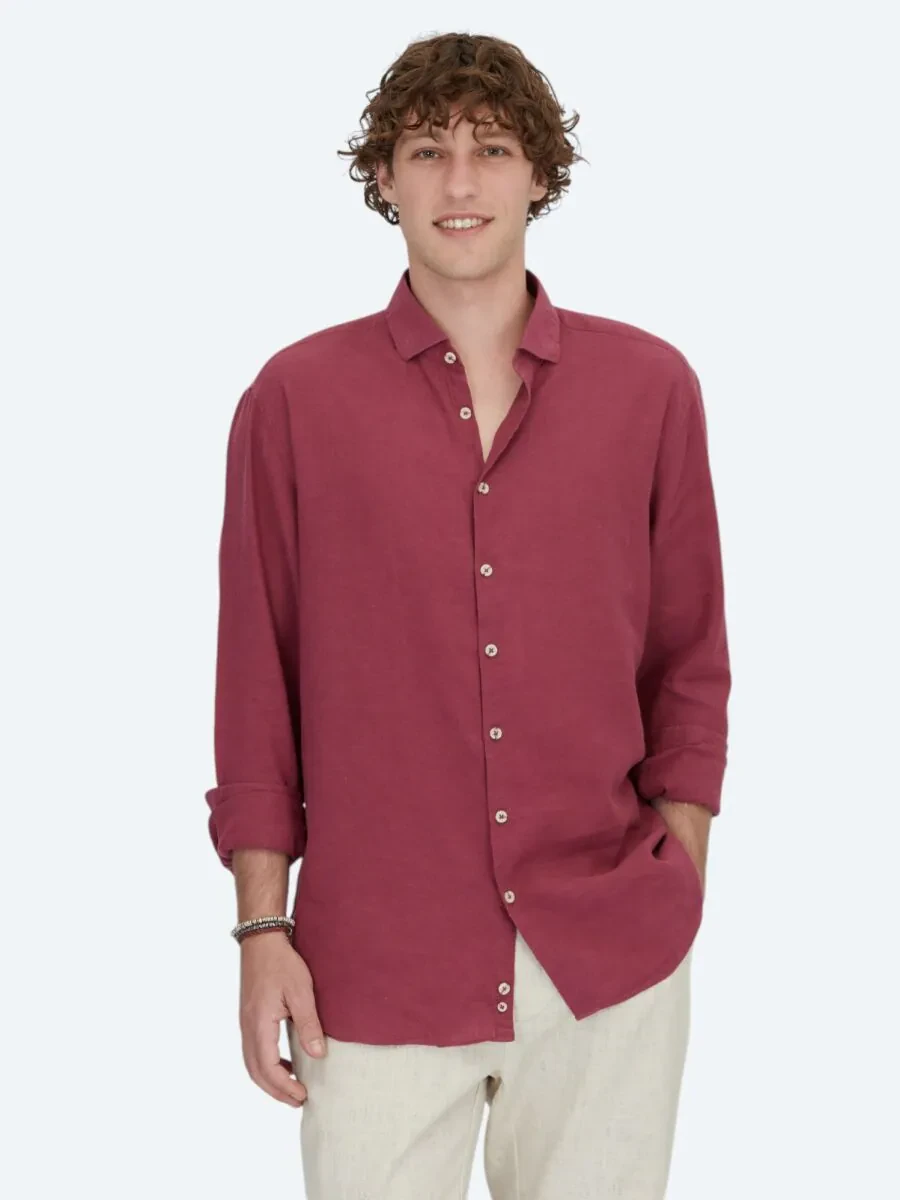 Damson Color Plain Weaving Casual Cotton Blended Shirt - 1