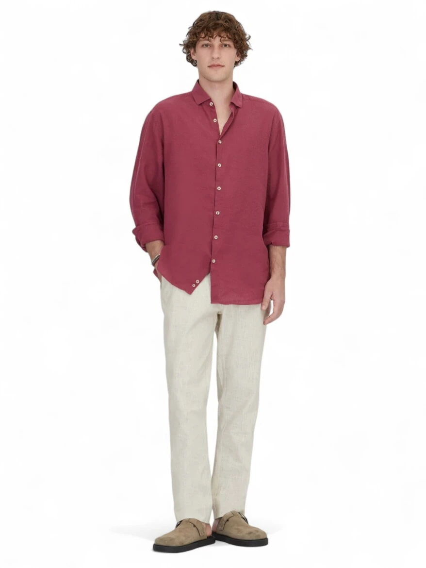 Damson Color Plain Weaving Casual Cotton Blended Shirt - 2