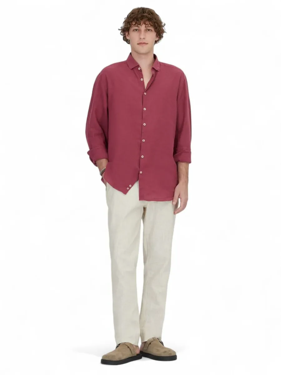 Damson Color Plain Weaving Casual Cotton Blended Shirt - 2