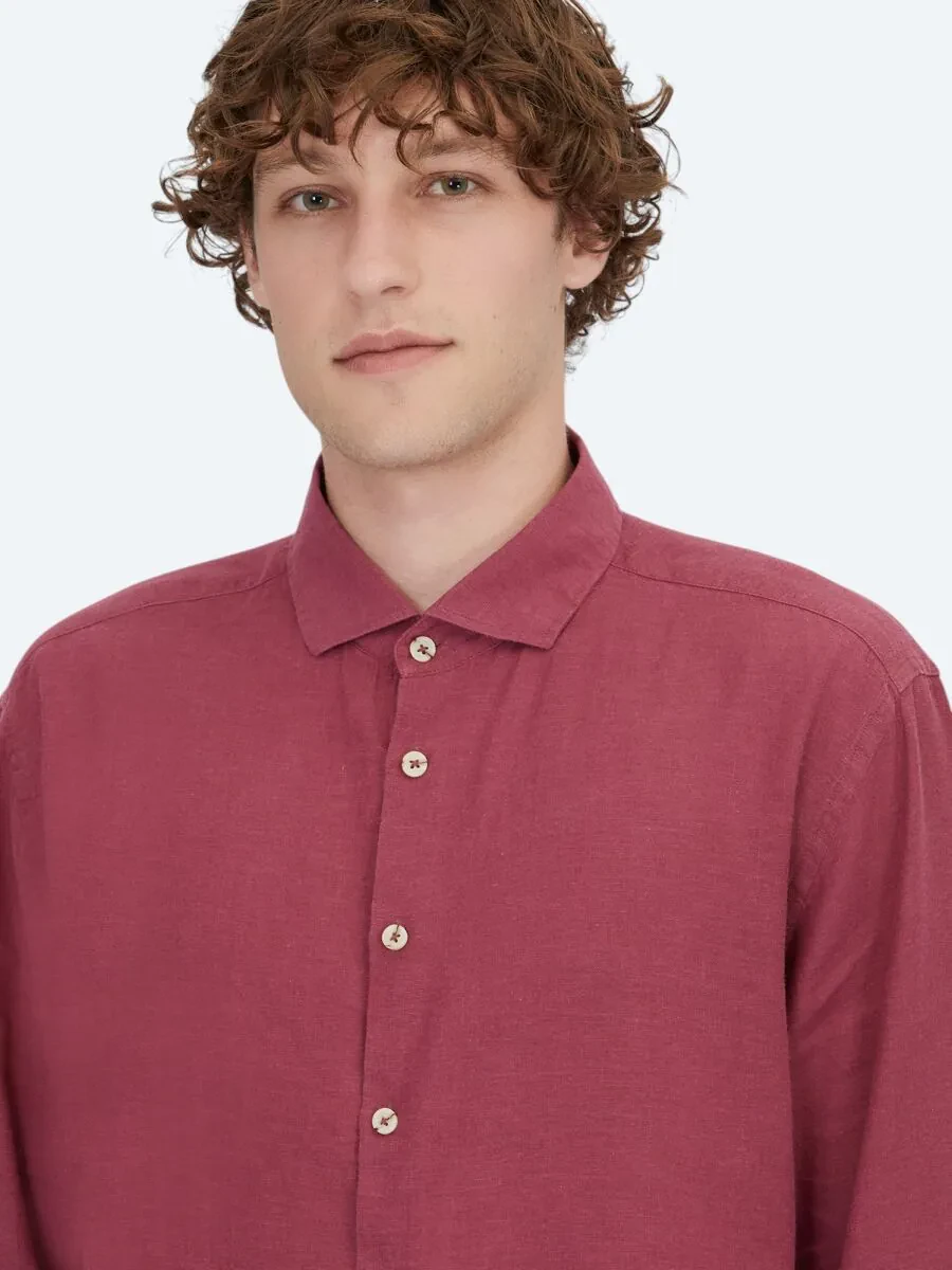 Damson Color Plain Weaving Casual Cotton Blended Shirt - 3