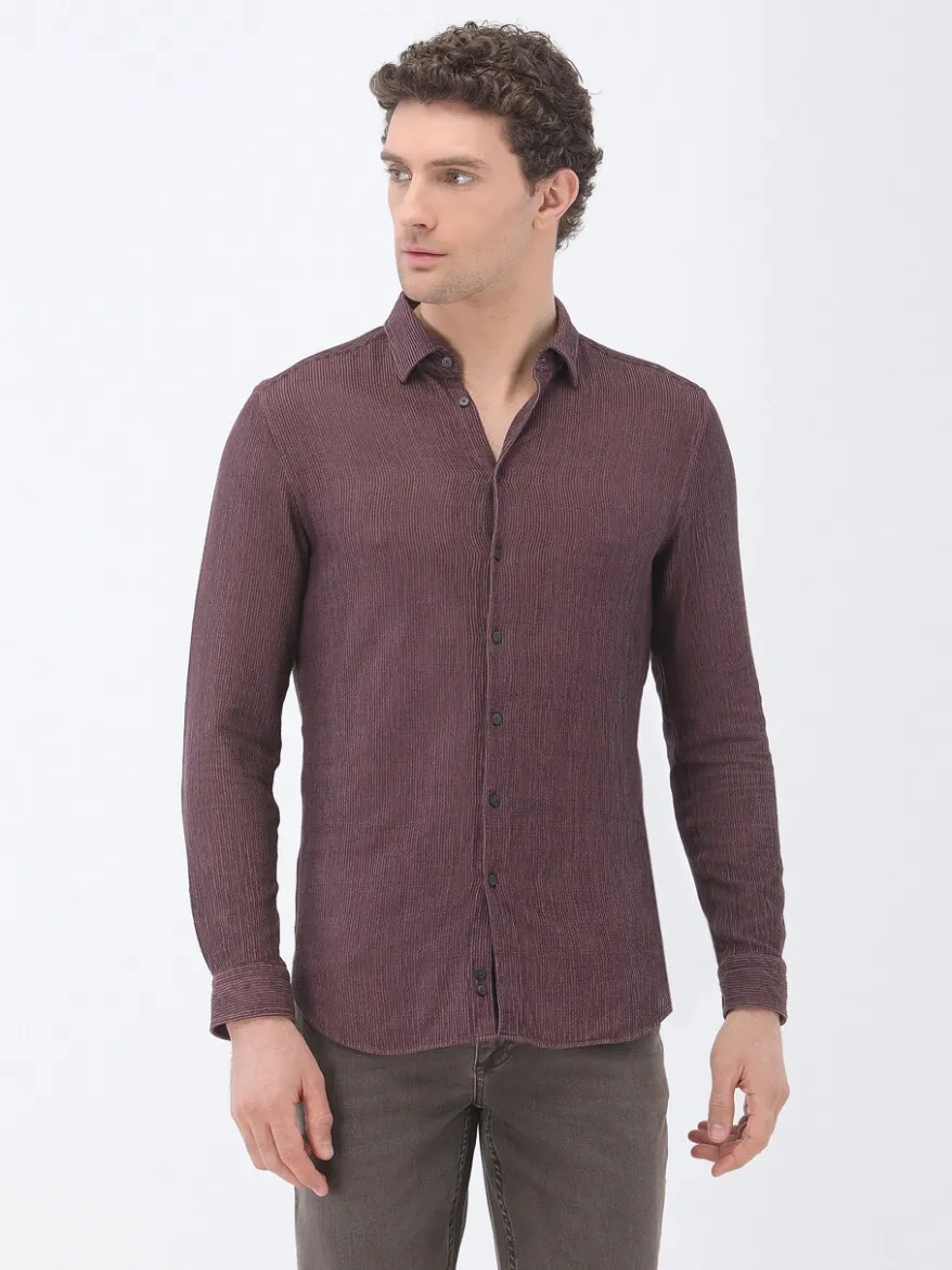 Damson Color Regular Fit Weaving Casual Cotton Blended Shirt - 1