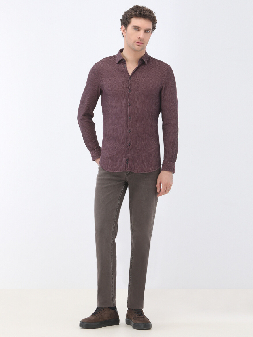 Damson Color Regular Fit Weaving Casual Cotton Blended Shirt - 2