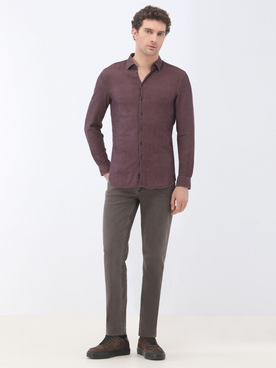 Damson Color Regular Fit Weaving Casual Cotton Blended Shirt - 2