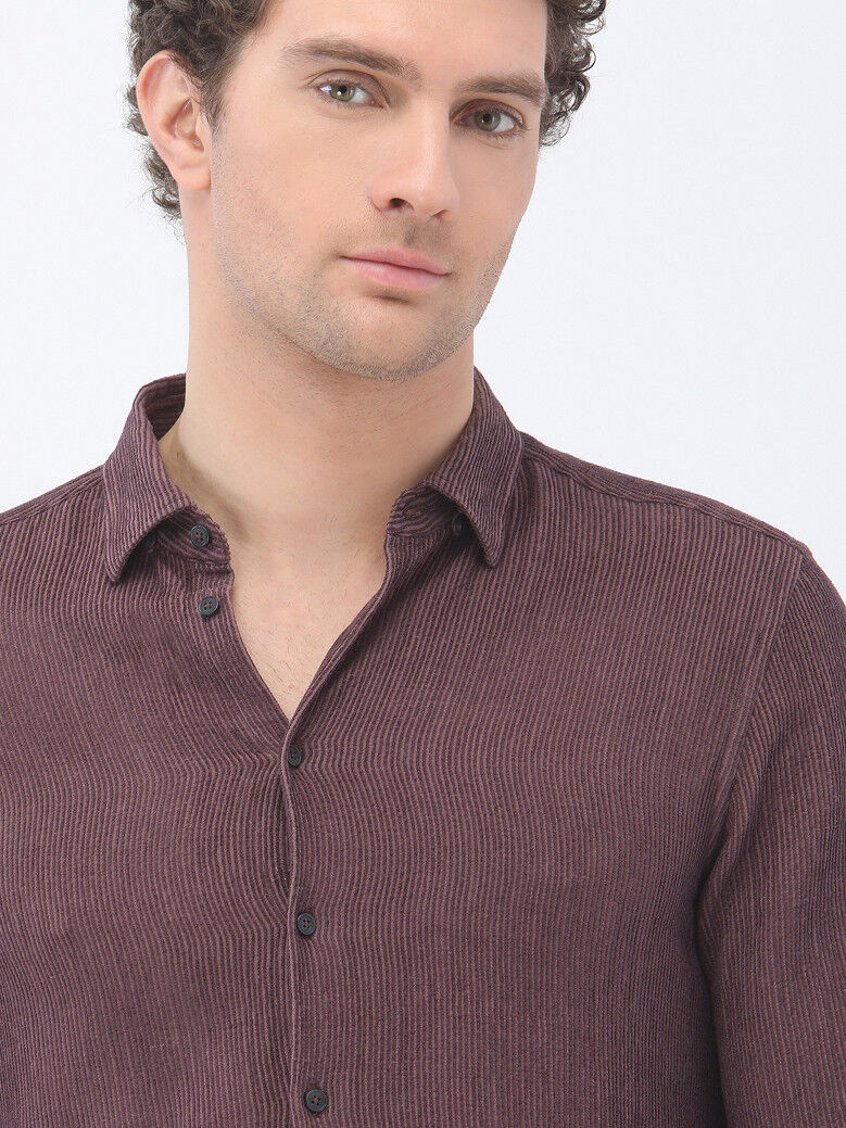 Damson Color Regular Fit Weaving Casual Cotton Blended Shirt - 3