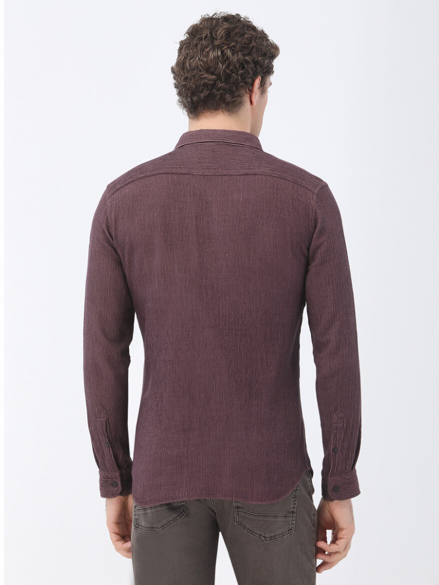 Damson Color Regular Fit Weaving Casual Cotton Blended Shirt - 4
