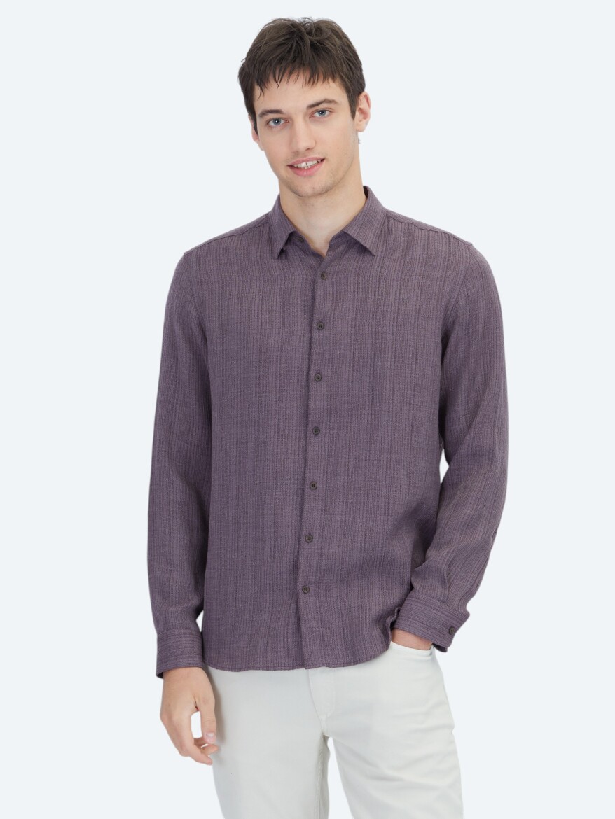 Damson Color Striped Regular Fit Long Weaving Casual Shirt - 1
