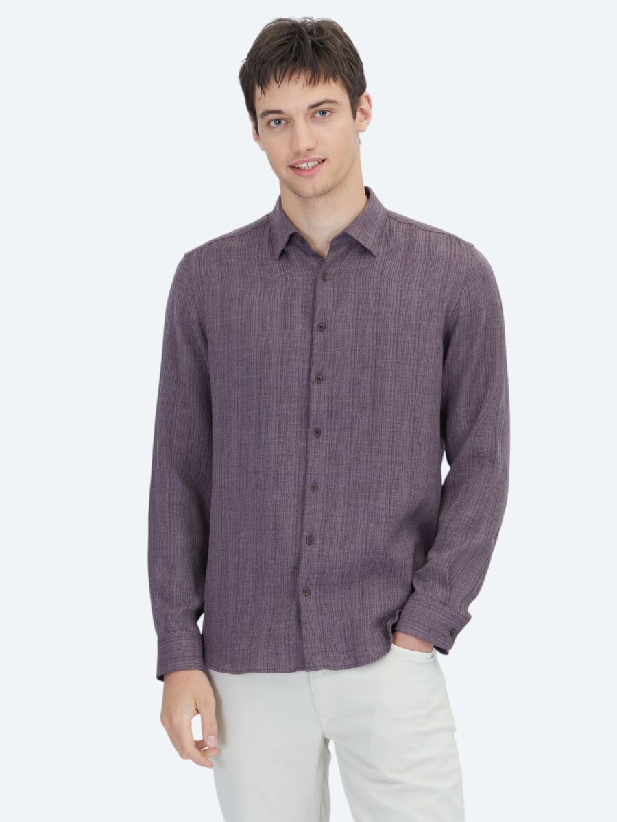 Damson Color Striped Regular Fit Long Weaving Casual Shirt - 1
