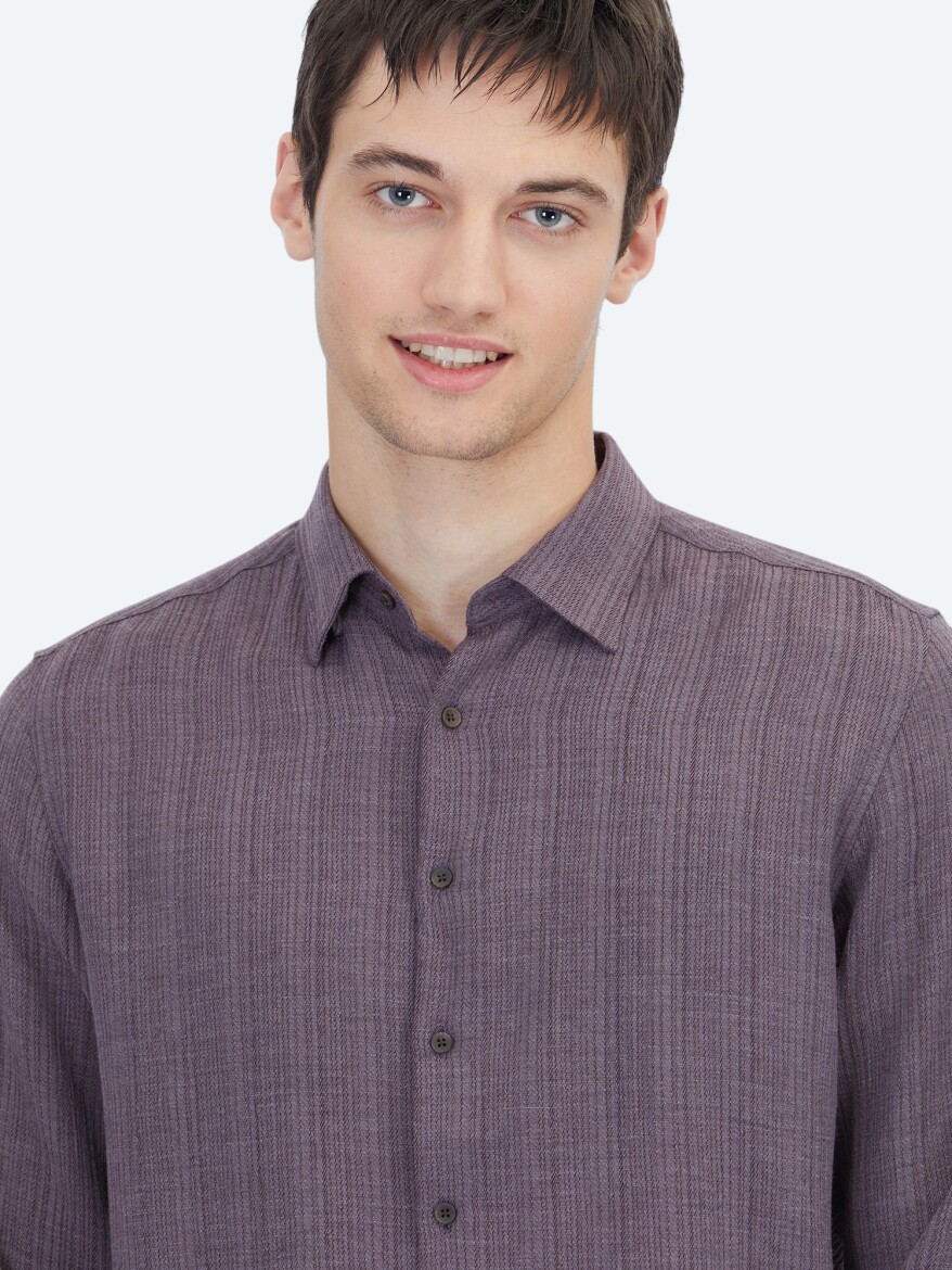 Damson Color Striped Regular Fit Long Weaving Casual Shirt - 5