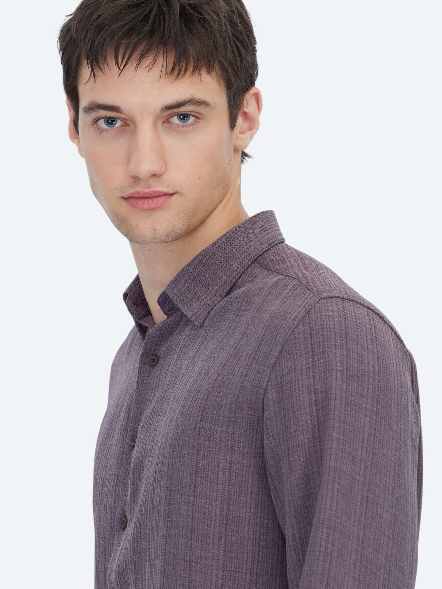 Damson Color Striped Regular Fit Long Weaving Casual Shirt - 6