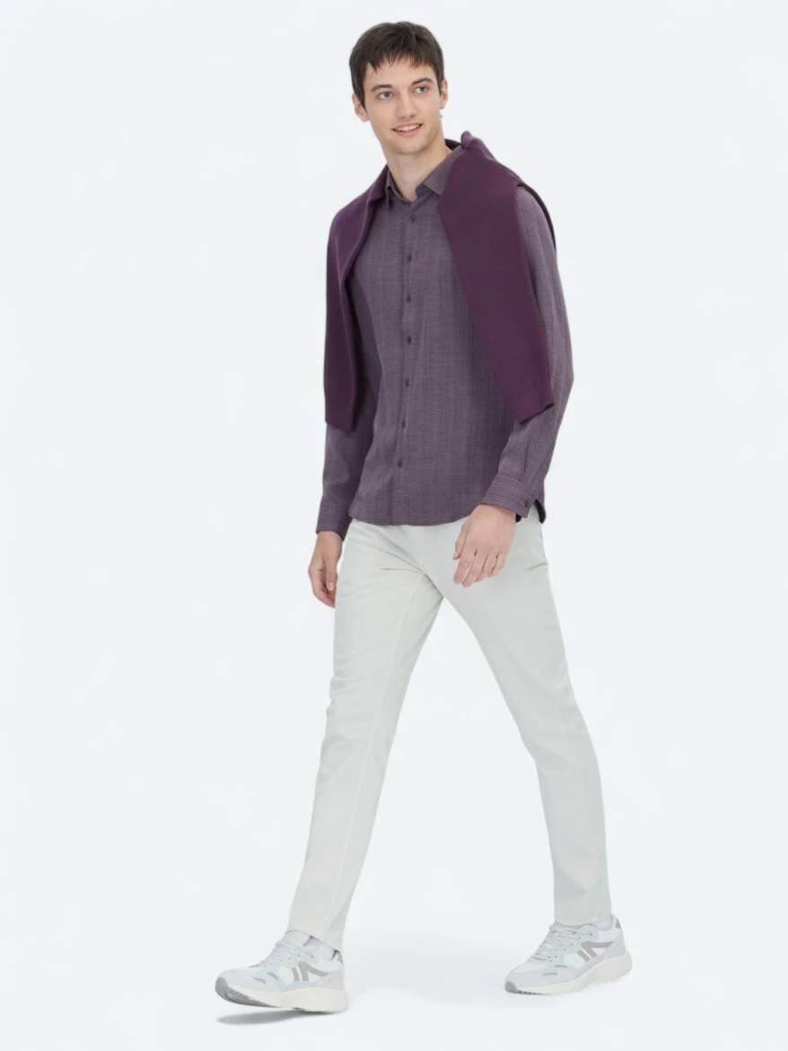 Damson Color Striped Regular Fit Weaving Casual Shirt - 3