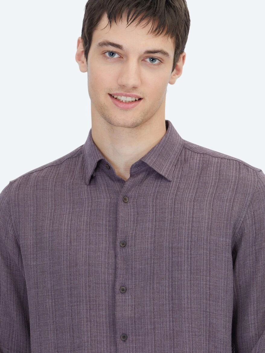 Damson Color Striped Regular Fit Weaving Casual Shirt - 5
