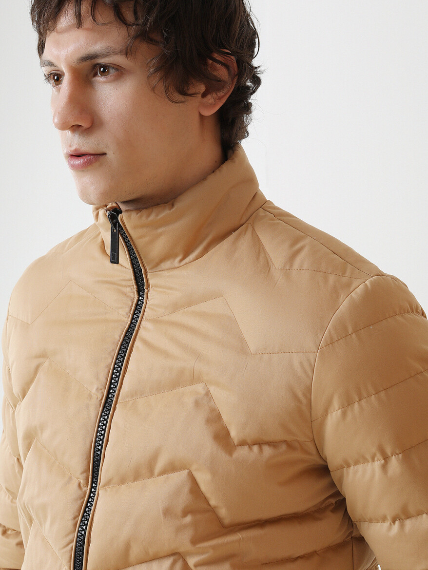 Dark Beige Regular Fit Turtleneck Casual Weaving Coat - 2