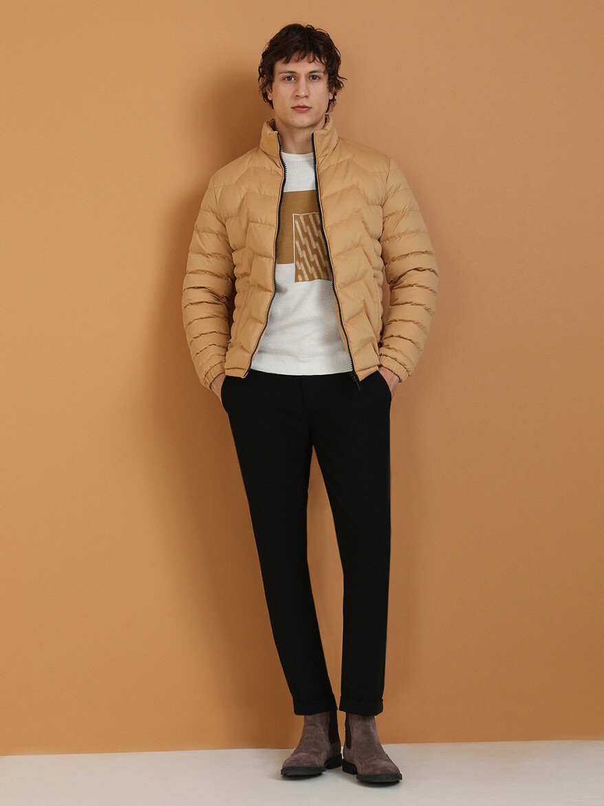 Dark Beige Regular Fit Turtleneck Casual Weaving Coat - 4