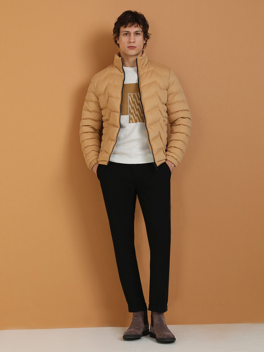 Dark Beige Regular Fit Turtleneck Casual Weaving Coat - 4