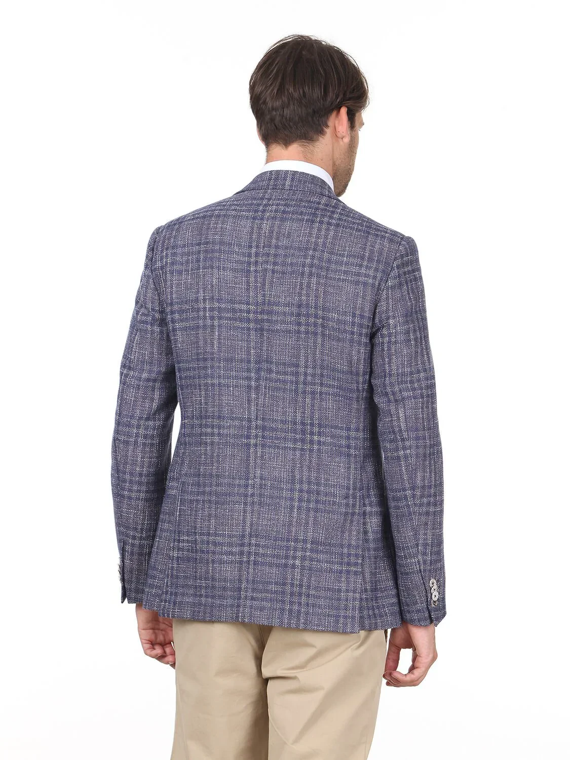 Dark Blue Checkered Modern Fit Cotton Blended Jacket - 4