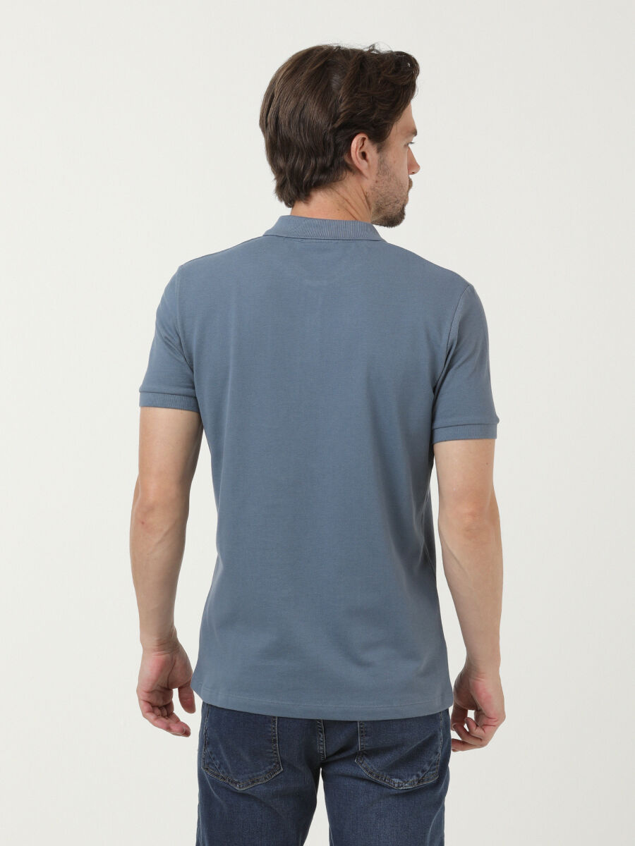 Dark Blue Plain Polo Neck 100% Cotton T-Shirt - 3