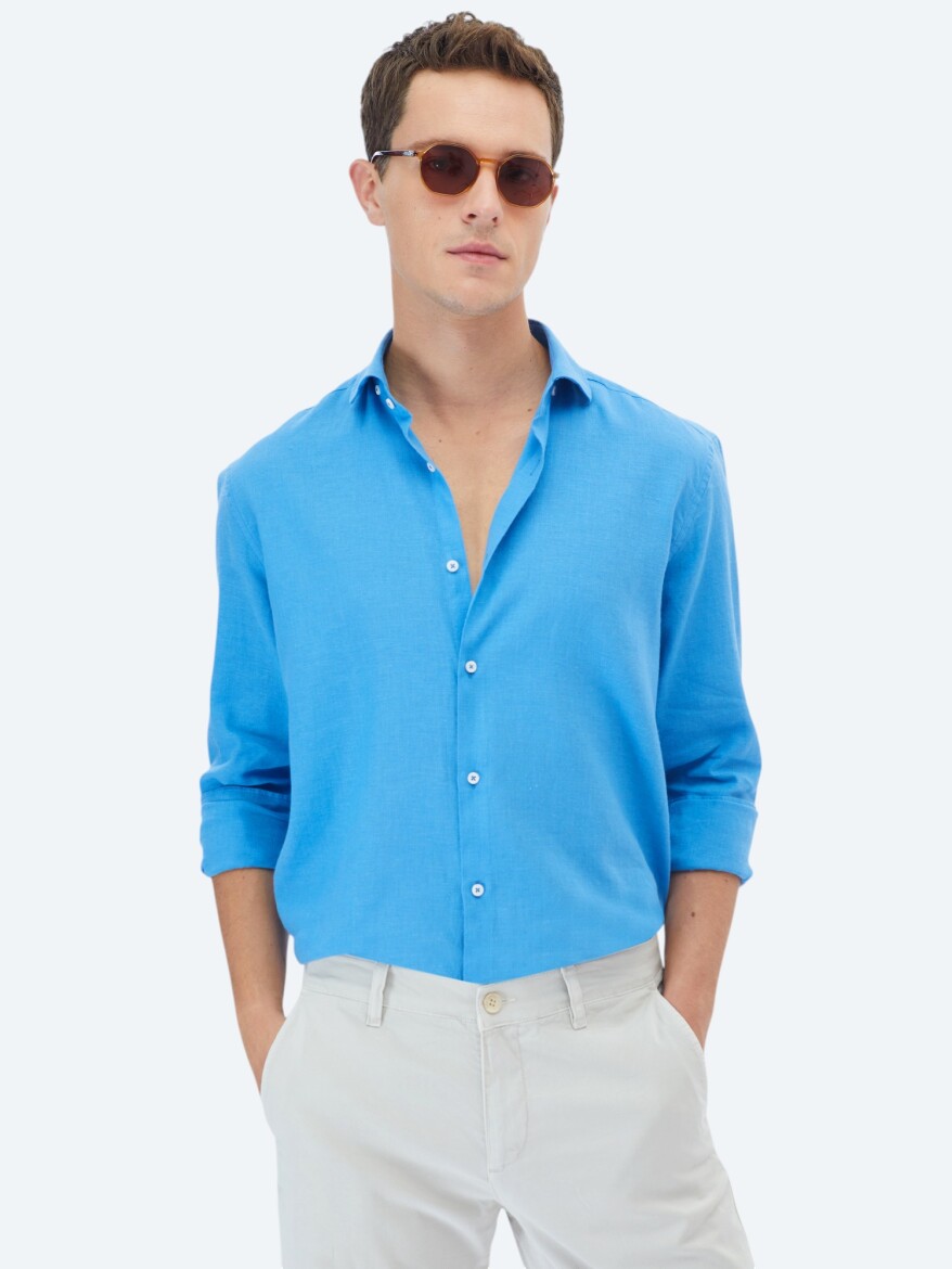 Dark Blue Plain Regular Fit Long Weaving Casual Cotton Blended Shirt - 1