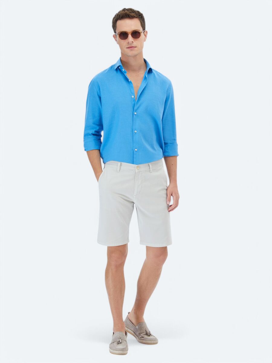 Dark Blue Plain Regular Fit Long Weaving Casual Cotton Blended Shirt - 2