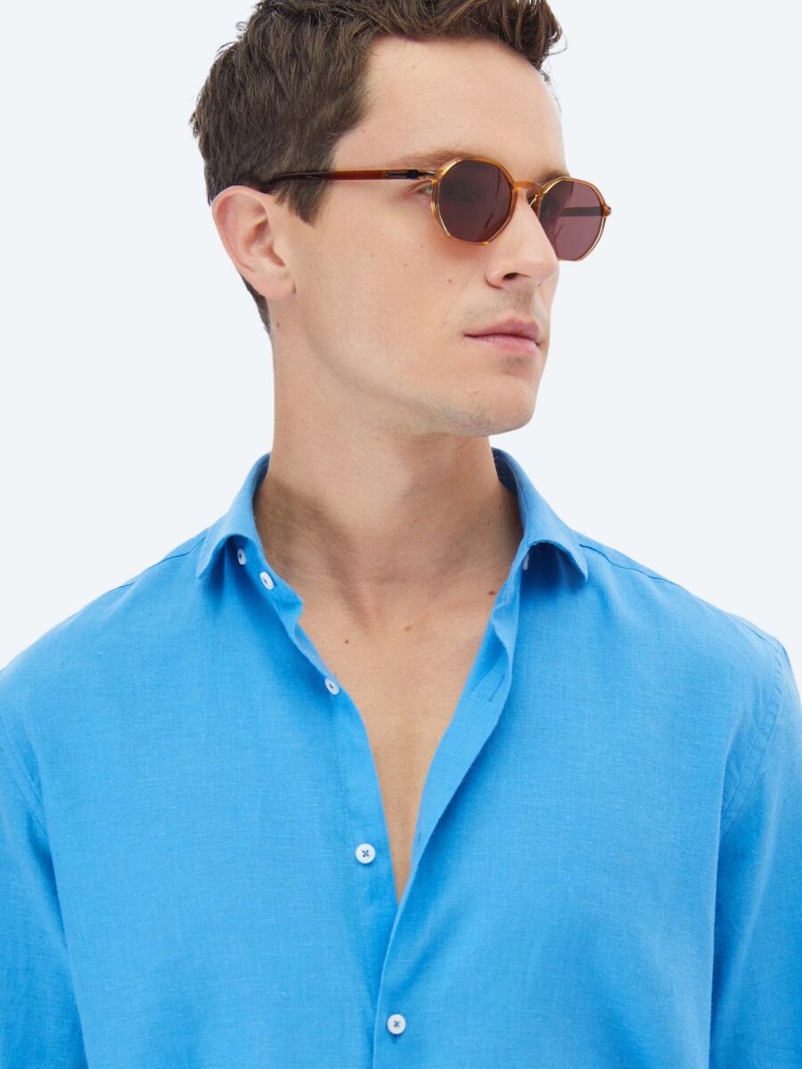 Dark Blue Plain Regular Fit Long Weaving Casual Cotton Blended Shirt - 3