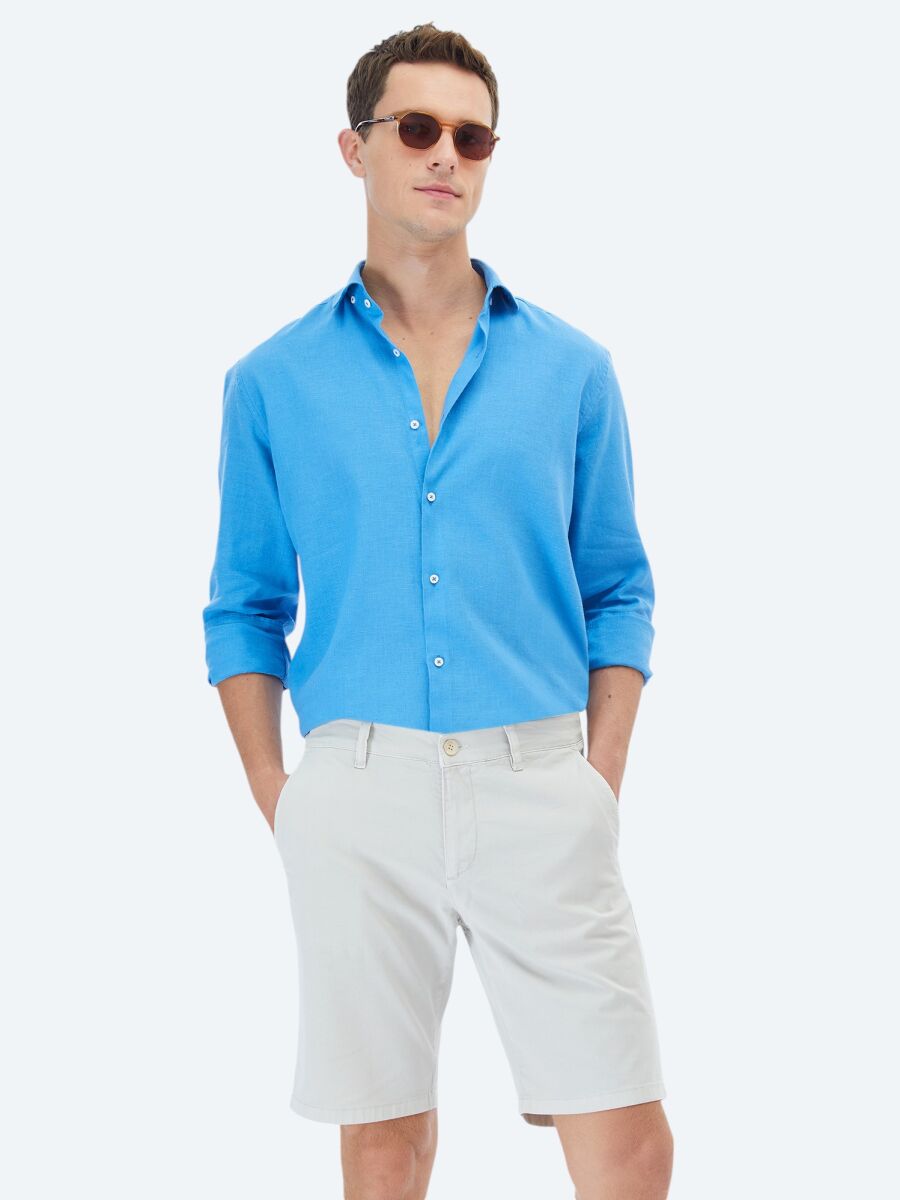 Dark Blue Plain Regular Fit Long Weaving Casual Cotton Blended Shirt - 5