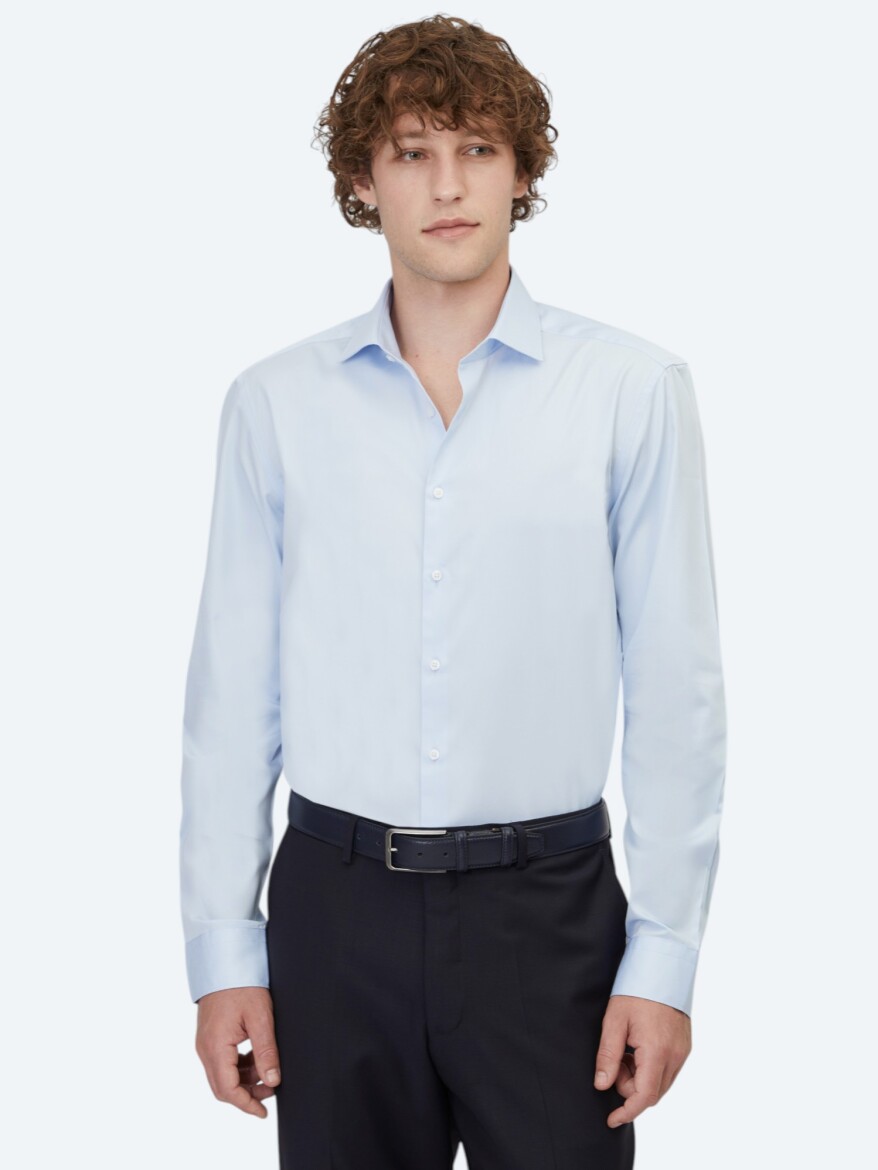 Dark Blue Plain Regular Fit Long Weaving Classical 100% Cotton Shirt - 3